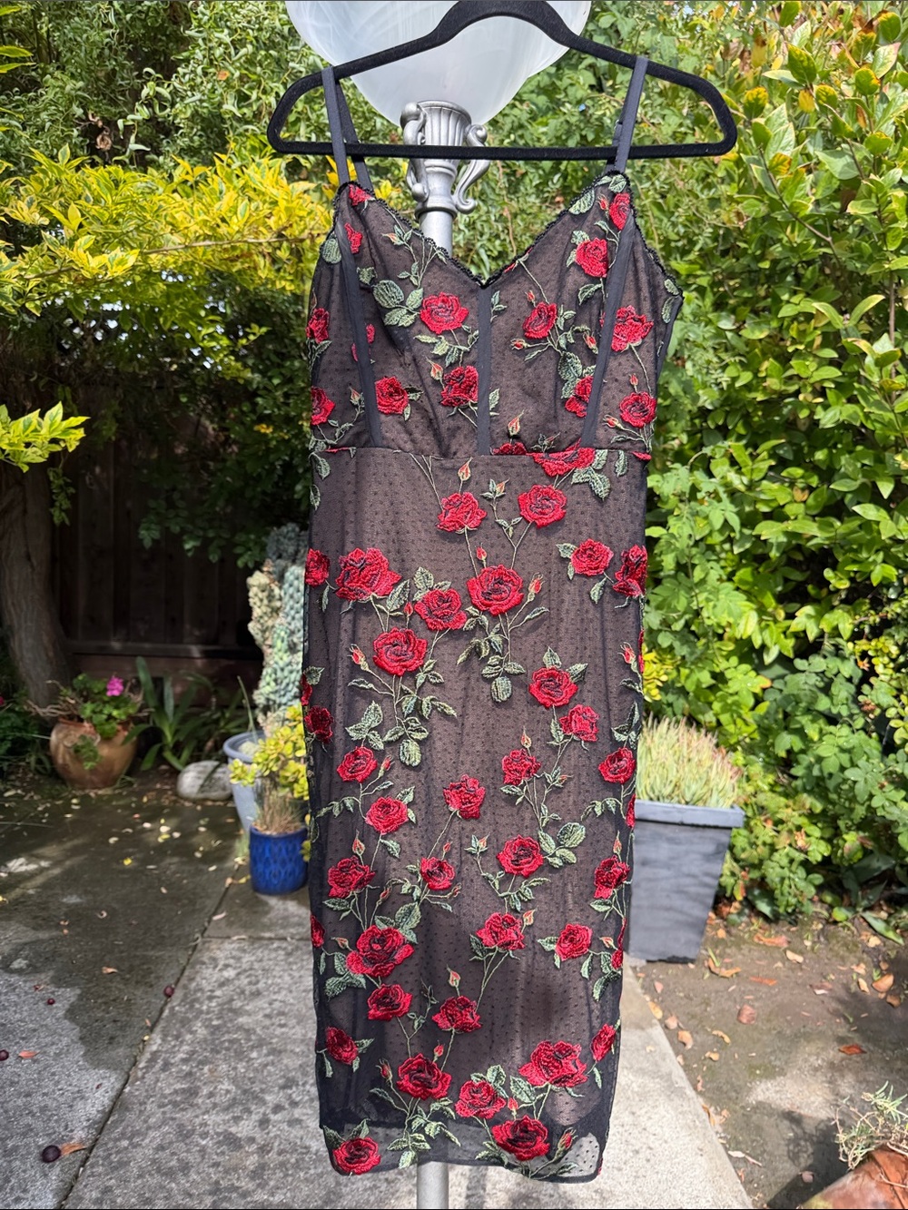 BCBGMaxAzria Black Mesh Midi Dress with Red Rose Embroidery